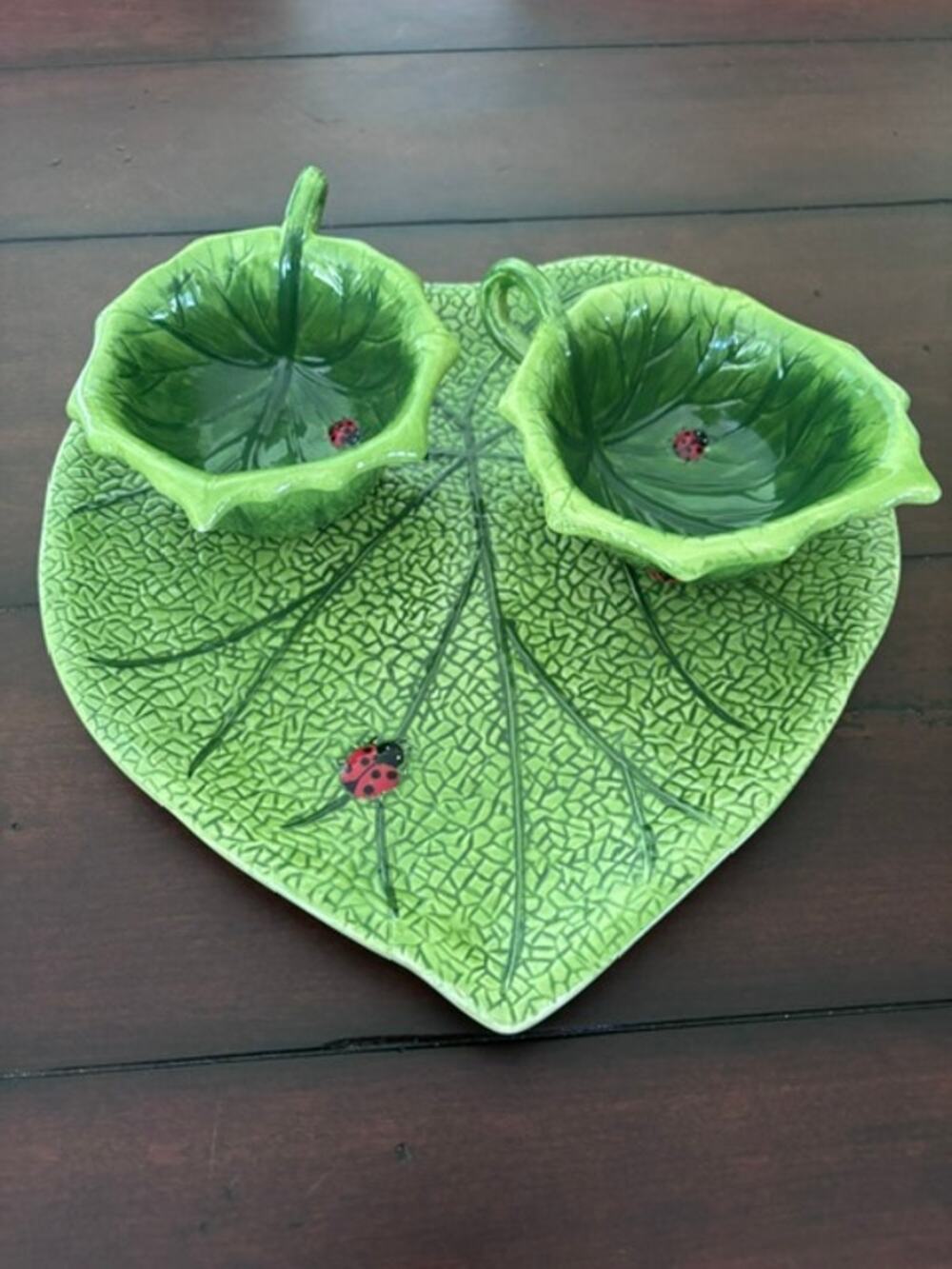 Pier 1 Ladybug Leaf Serving Tray Bowl Set Hand Painted Earthenware 3 Pc